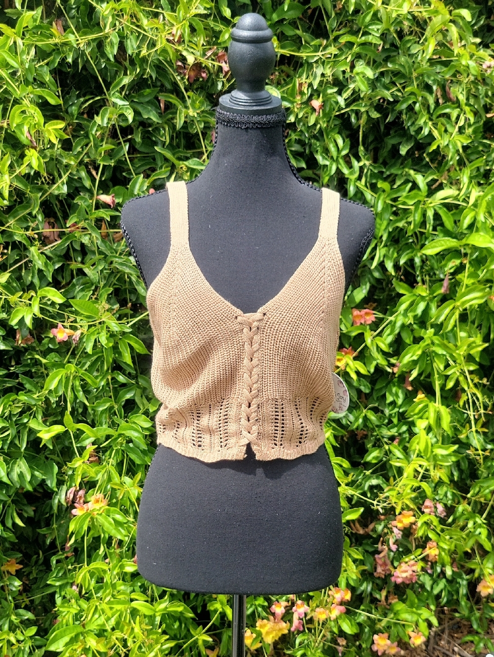 Jolie & Joy Tan Knit Crochet Boho Festival Crop Top Sz L